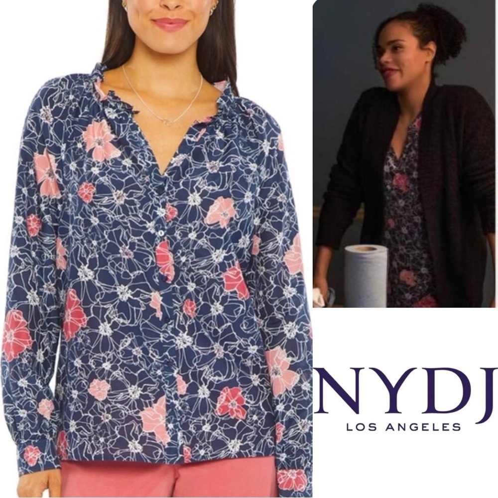 NWT NYDJ Ruffle Neck Cotton Silk-Blend Floral Navy Lightweight Blouse XL